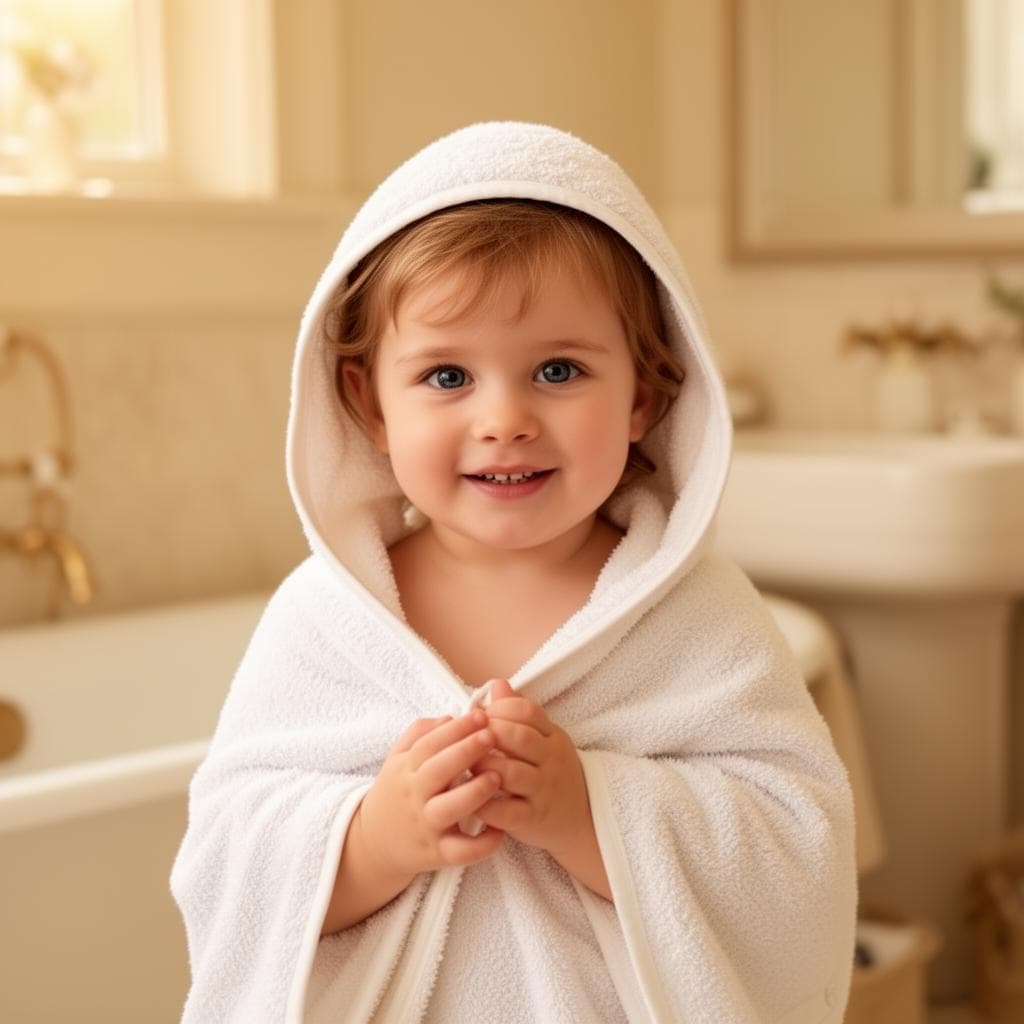 Child wrapped in soft white hooded towel