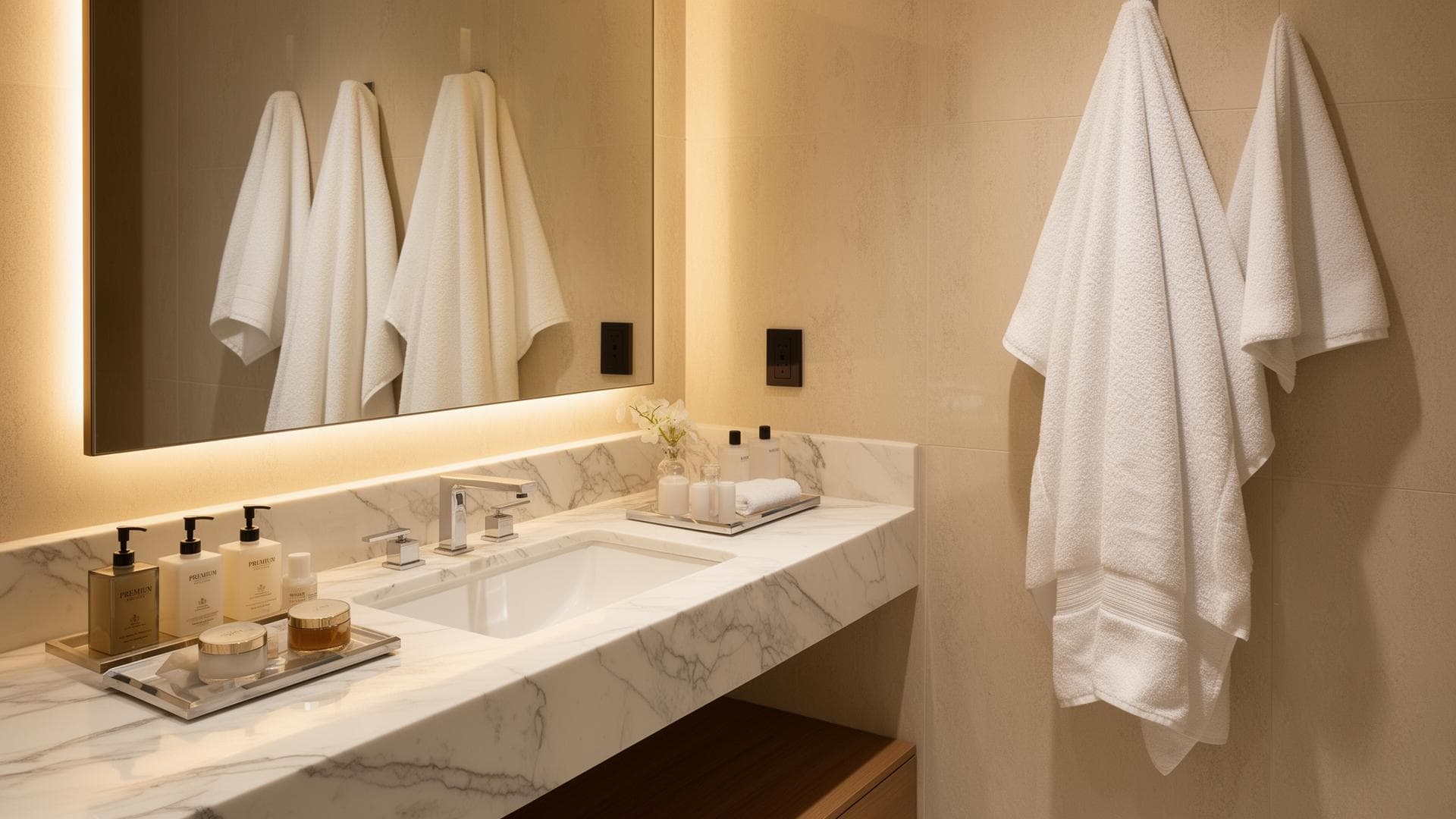 Premium bathroom with white towels and warm lighting
